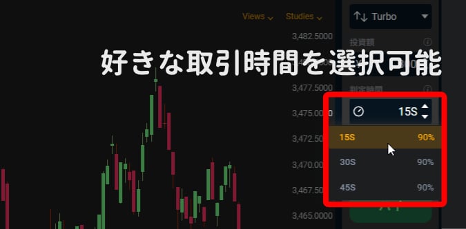 １５秒や３０秒取引などの選択画面