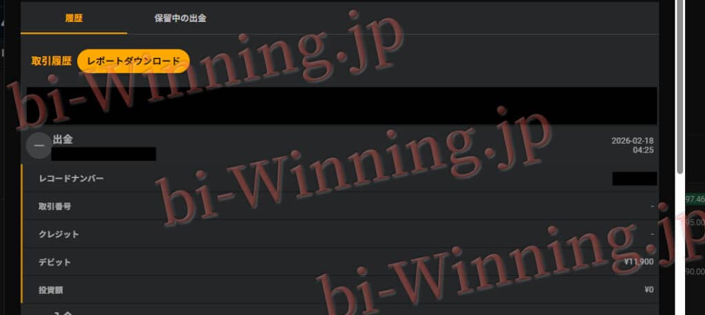Bi-Winning（バイウィニング）の出金履歴画面